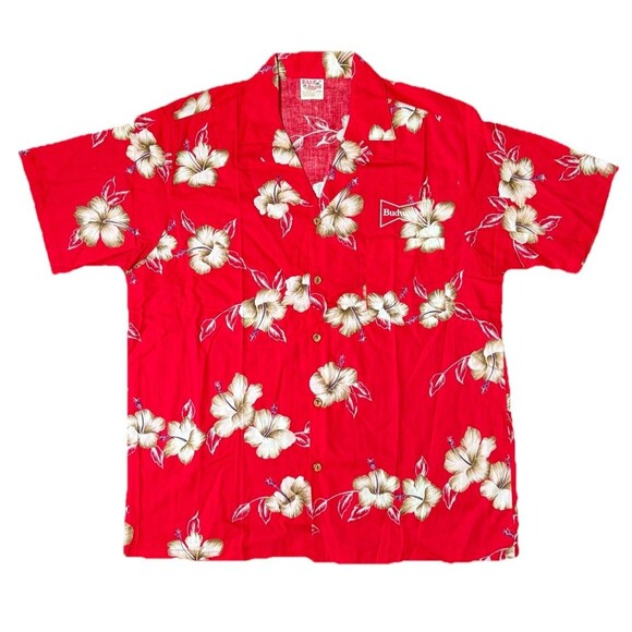Vintage Barefoot In Paradise Men’s Red Budweiser Hawaiian Shirt Size Large - Picture 1 of 8